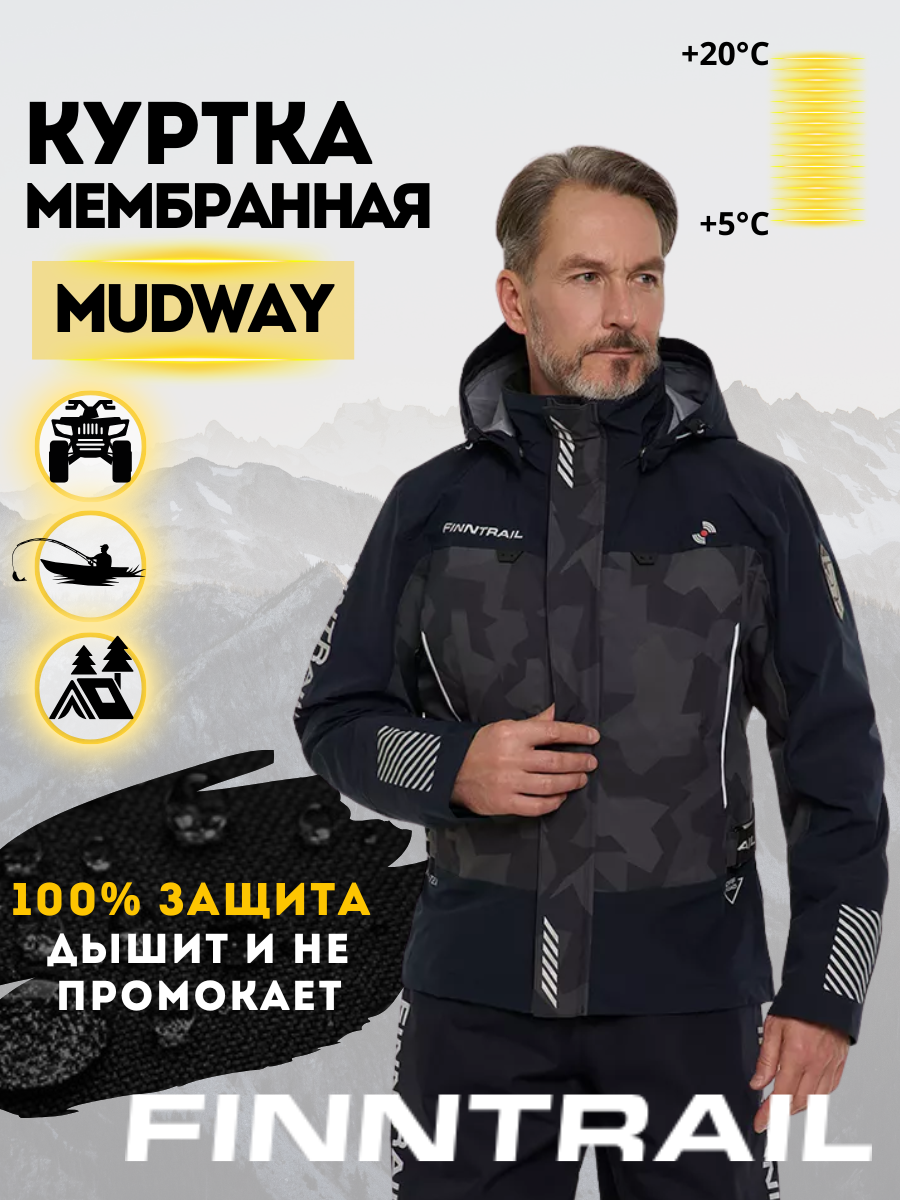 Куртка дождевик мембранная мужская Finntrail MUDWAY CamoShadowBlack артикул 2010 размер M