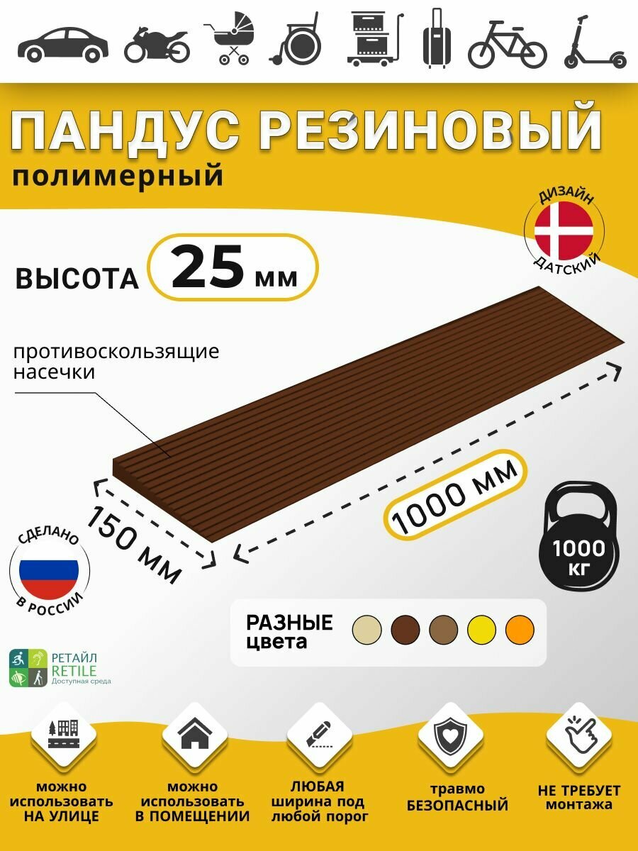 Пандус резиновый рубеж для порогов высотой 2,5 см (25х1000х150 мм), темно-коричневый, для колясок, склада и автомобилей
