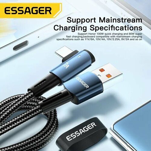 Кабель для зарядки и передачи данных угловой Essager USB - Type-C, 60W, 480 Mbps, 7 Aмпер, 1 метр, индикатор, быстрая зарядка для Huawei, Xiaomi, Samsung, Oppo