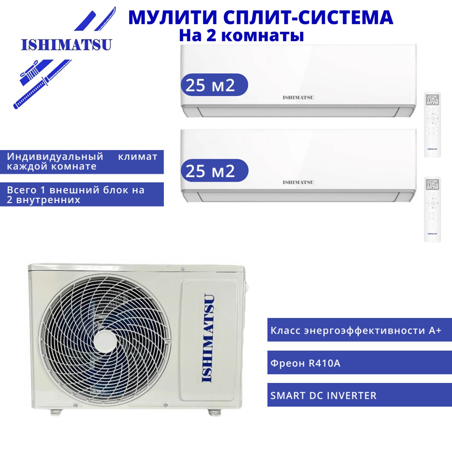 Мульти сплит-система на 2 комнаты ISHIMATSU AMSN-14/2+ISHIMATSU AMS-07 х2 (21 м2 + 21м2)