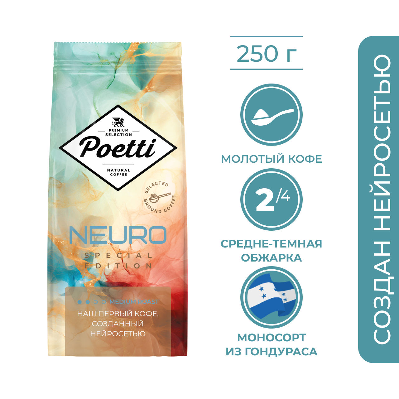 Кофе молотый Poetti Neuro Special Edition, натуральный, жареный, 250 г