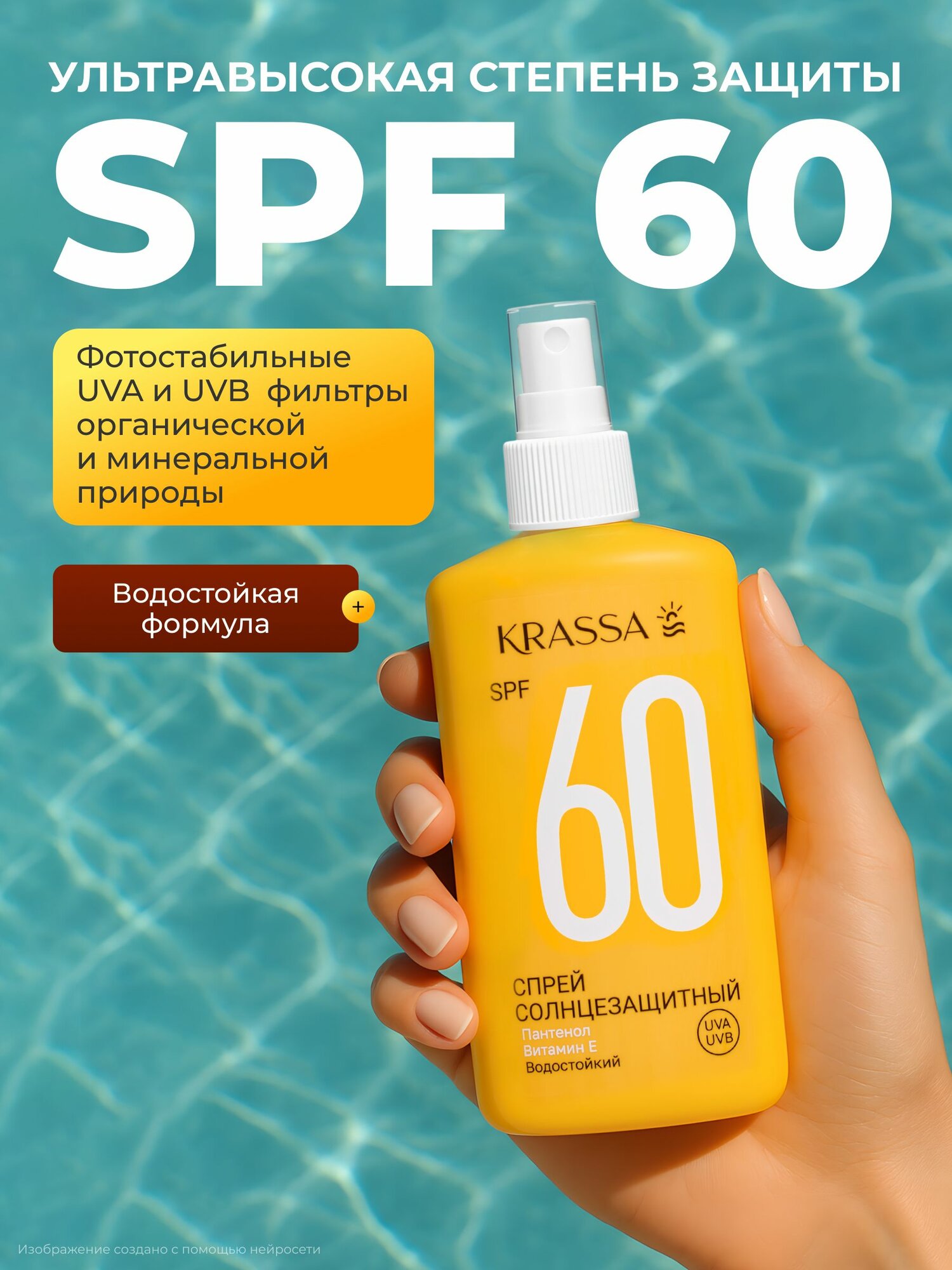 Средства Для Загара KRASSA Солнцезащитный спрей SPF 60, крем от загара с пантенолом, 150 мл
