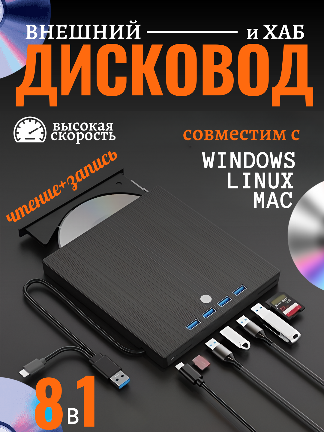 Дисковод внешний портативный 8 в 1 с USB-хабом, высокой скоростью чтения и записи, для Windows/Mac/Linux