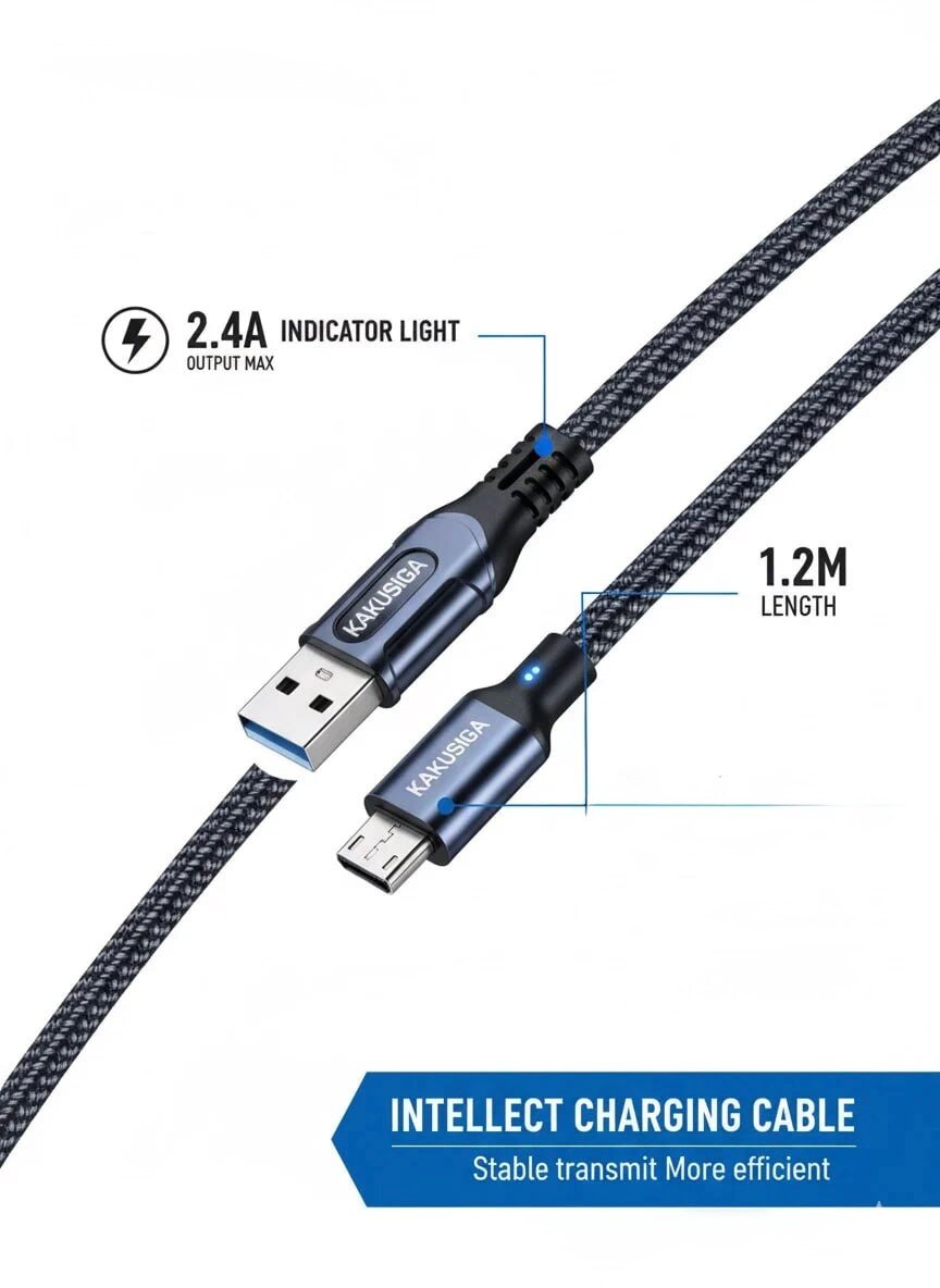 Кабель KAKUSIGA "Indicator", для USB-micro, быстрозажимной, 2.4A, черный, 1 м — фото 1
