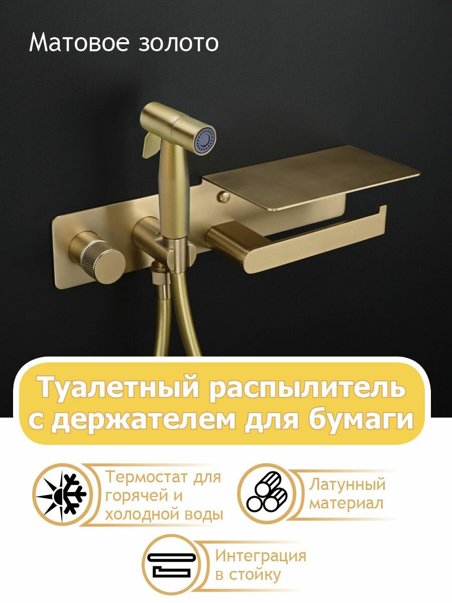 Смеситель для биде из цельной латуни с полкой, распылитель для биде, с держателем для бумаги, лейка(нержавеющая сталь) для биде для горячей и холодной воды, ROBERN KJ7125BGB, Матовое золото