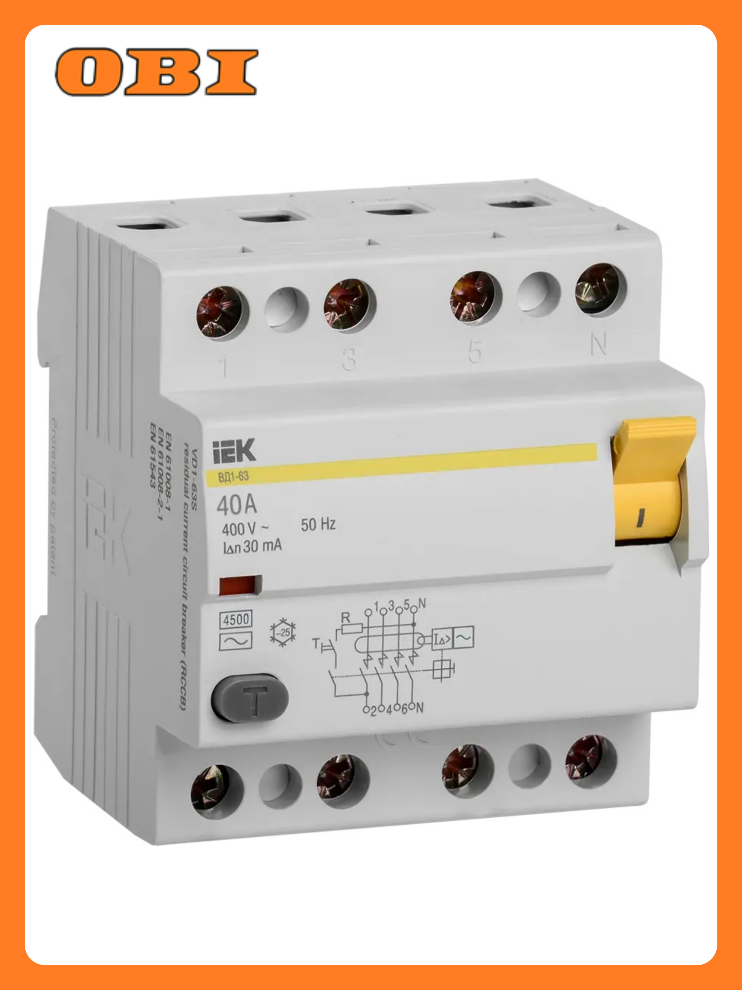 Выключатель УЗО IEK ВД1-63 электромеханический 4 полюса 4 модуля