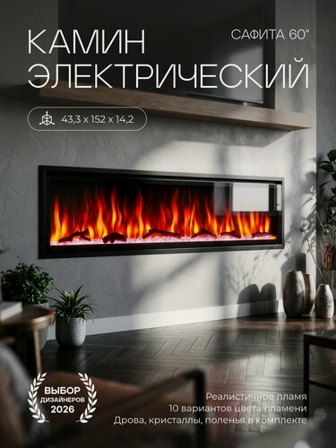 Изображение товара Камин электрический Сафита 60, встраиваемый, электроочаг с обогревом. ( три муляжа в комплекте )