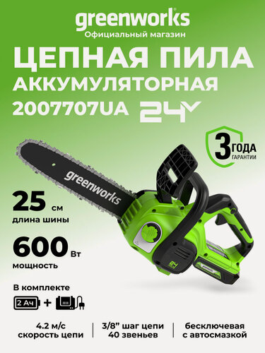 Изображение товара Цепная пила аккумуляторная Greenworks 24V, 25см, АКБ 2Ач и ЗУ