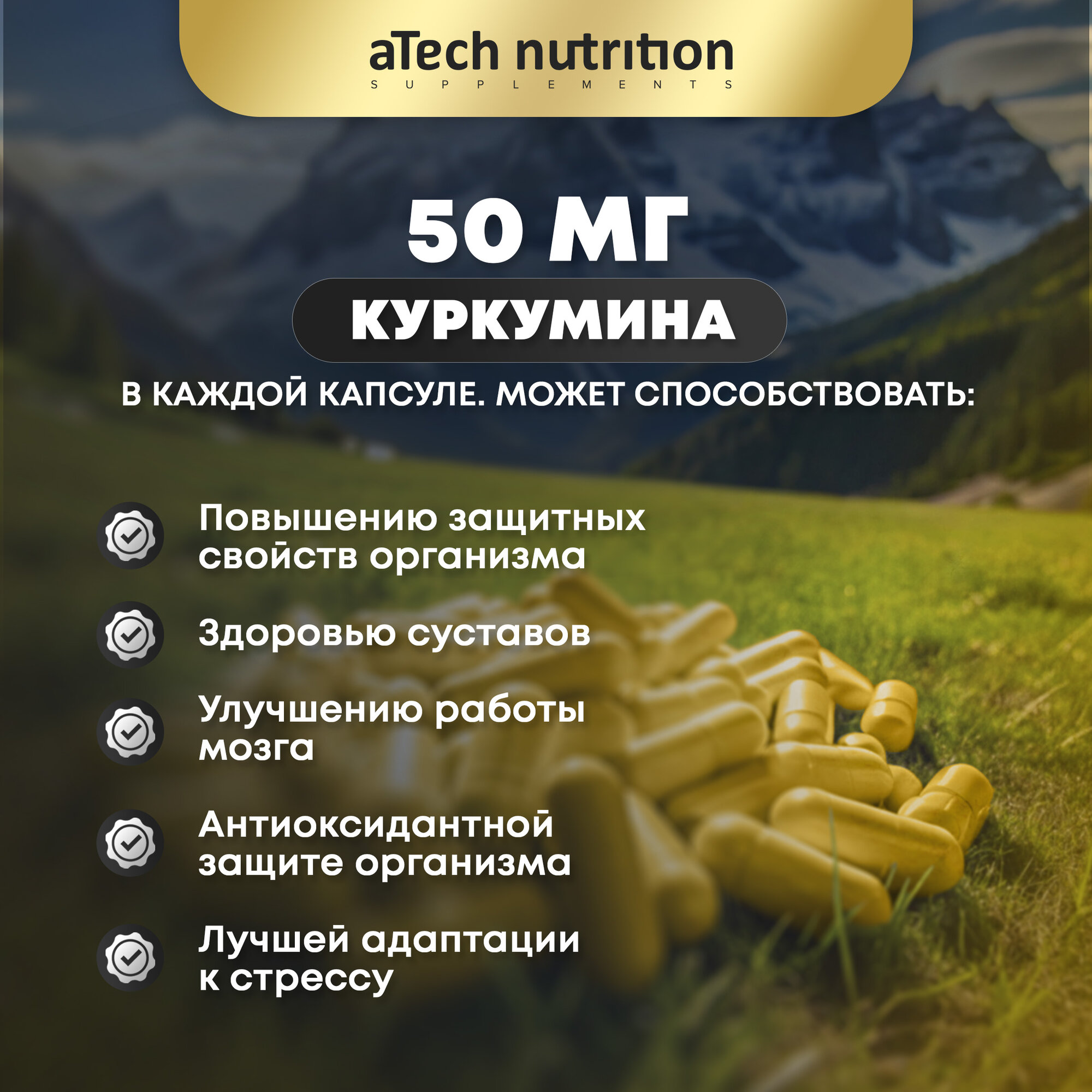 Изображение Куркумин aTech nutrition CURСUMIN природный антиоксидант БАД 60 капсул
