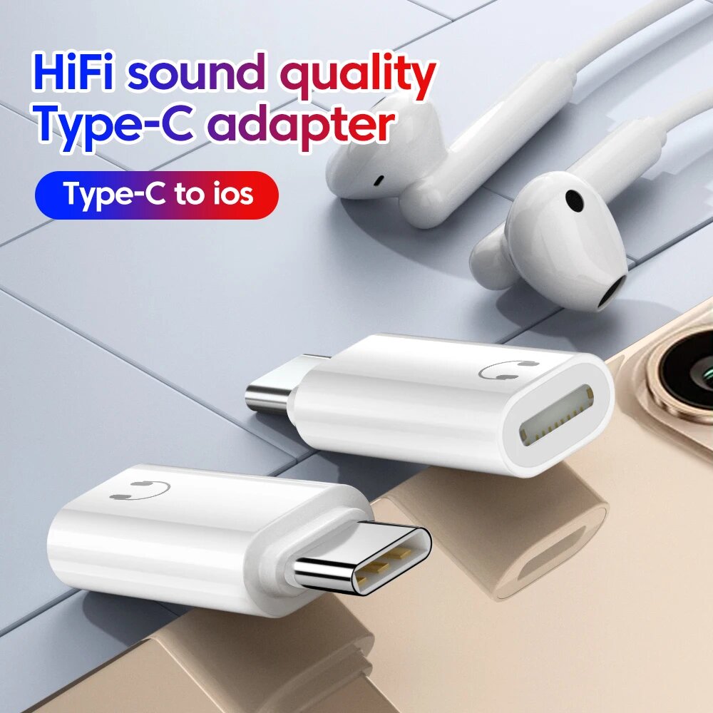 Переходник IOS «мама» на «папа» типа C для iPhone 16 15 Xiaomi Huawei ipad, проводная гарнитура, конвертер USB C в ios, наушники, аудио AUX, ios to type c — фото 1