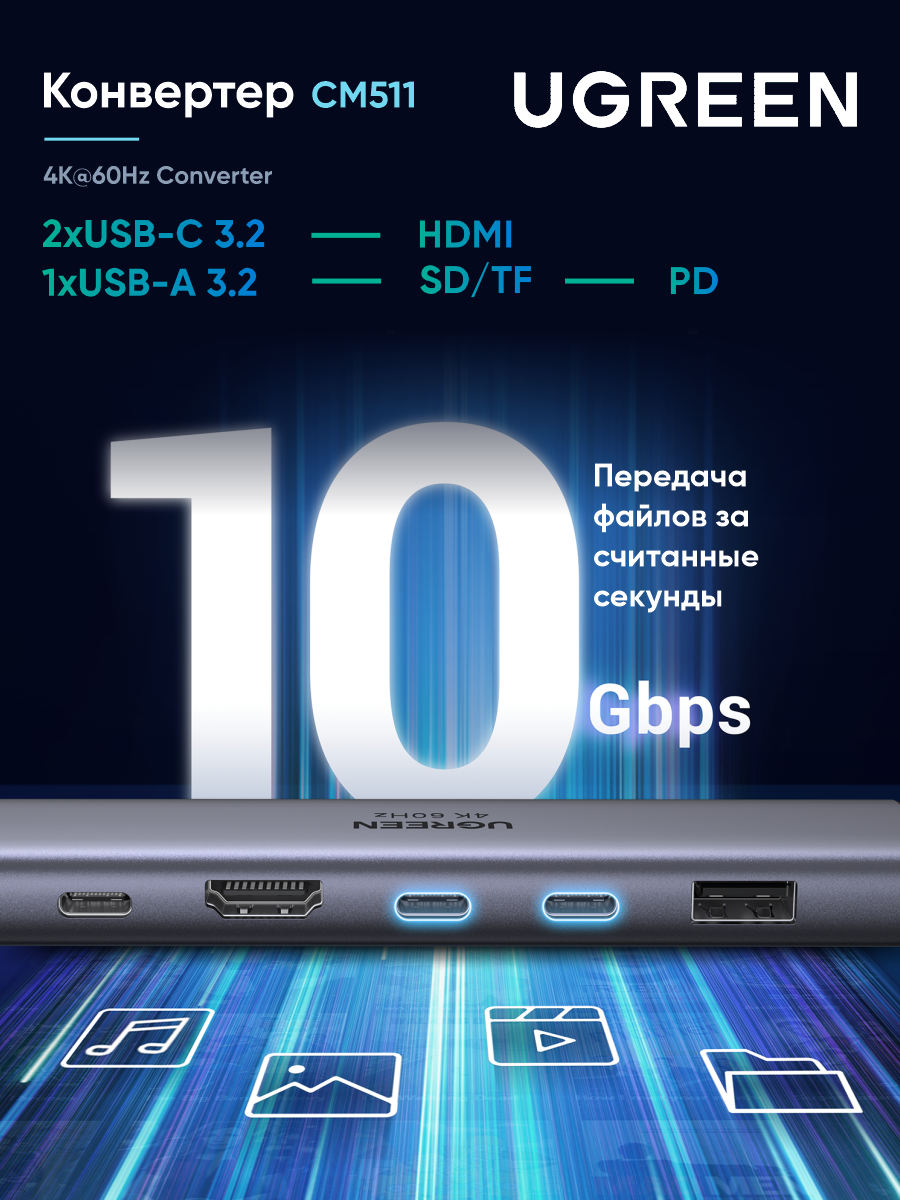 Конвертер UGREEN CM511 (45521) 7-in-1 4K@60Hz USB-C To HDMI+2xUSB-C 3.2+1xUSB-A 3.2+SD/TF+PD Converter. Цвет: серый