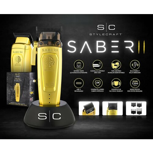 STYLECRAFT SABER 2 ПРОФЕССИОНАЛЬНАЯ БЕСПРОВОДНАЯ МОДУЛЬНАЯ МАШИНКА ДЛЯ СТРИЖКИ С ВЫСОКООБОРОТИСТЫМ ЦИФРОВЫМ БЕСЩЕТОЧНЫМ ДВИГАТЕЛЕМ Золотой цвет 39000₽