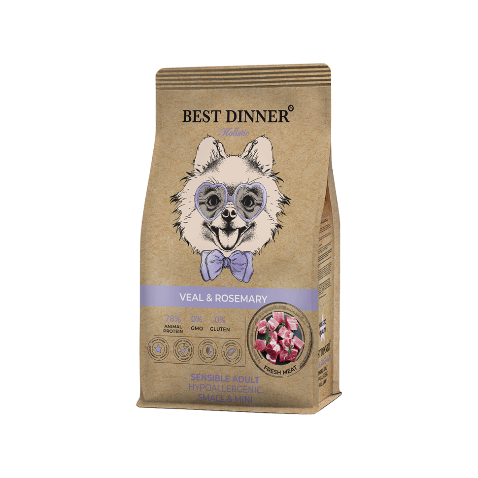Best Dinner Holistic Adult Sensible Hypoallergenic Small & Mini Veal&Rosemary сухой корм для собак мелких пород склонных к аллергии и проблемам с пищеварением с телятиной и розмарином - 3 кг
