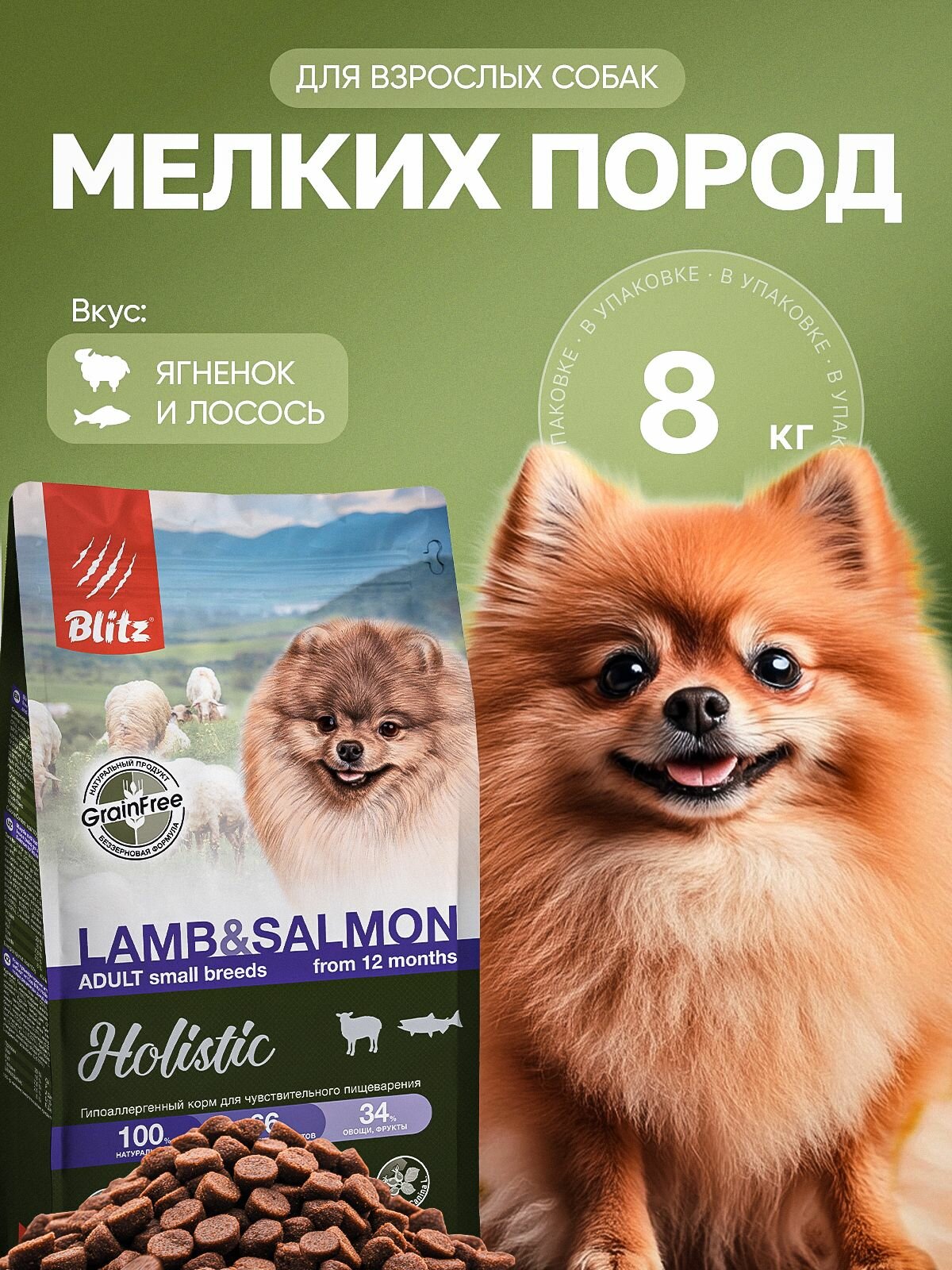 Сухой корм для собак мелких пород Blitz Холистик Ягненок с лососем, 8кг