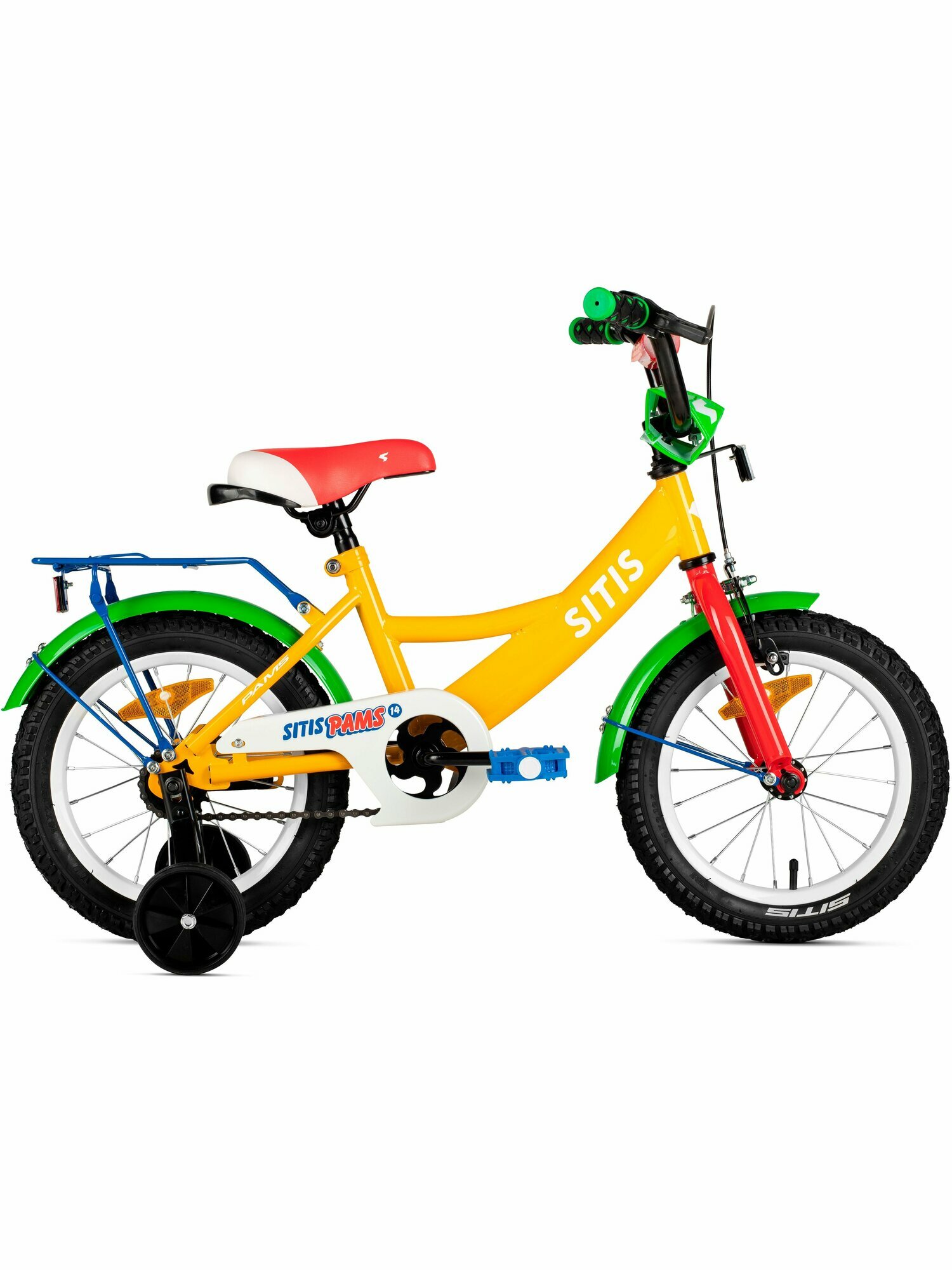Велосипед городской SITIS PAMS 14 (2025) Yellow-Green-Red/желтый-зеленый-красный, для детей на рост 95-110 см