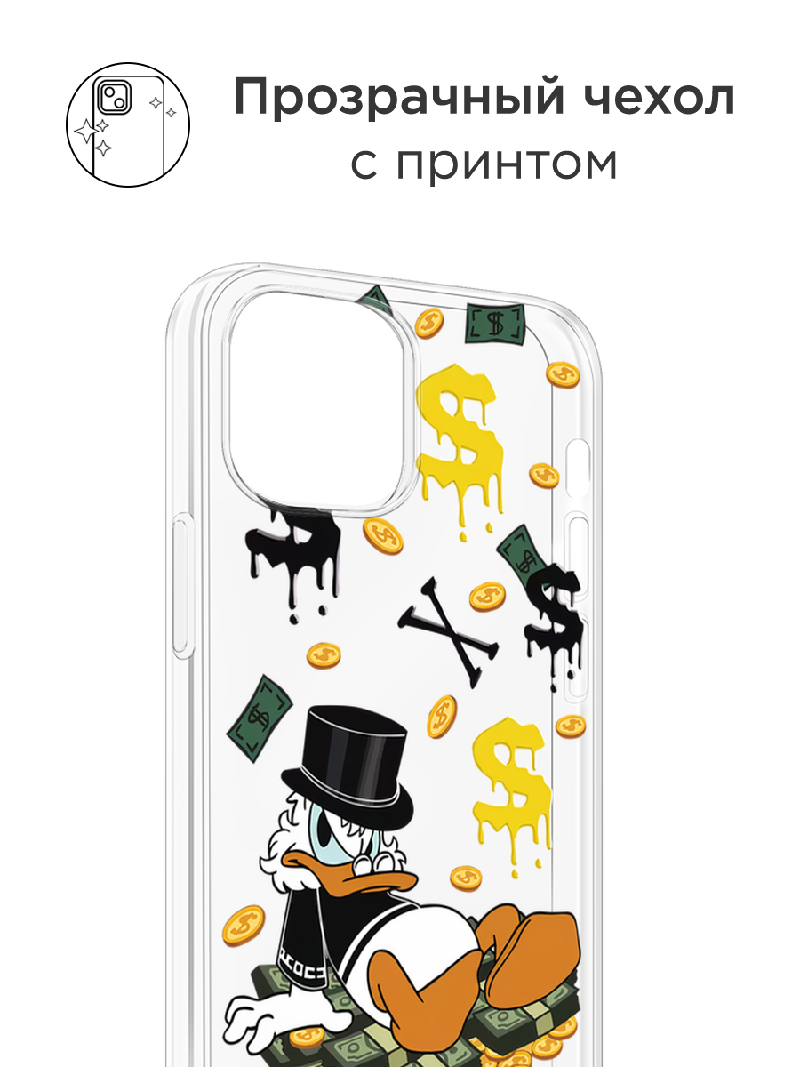 Чехол на Apple iPhone 14 Pro Max / Айфон 14 Про Макс с принтом Скрудж Макдак среди денег, прозрачный — фото 1