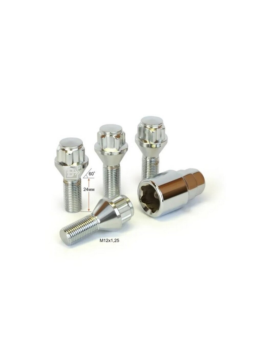 Болт колесный M12*24*1,25 (секрет, конус с буртиком, 5 лучей, 1 ключ)