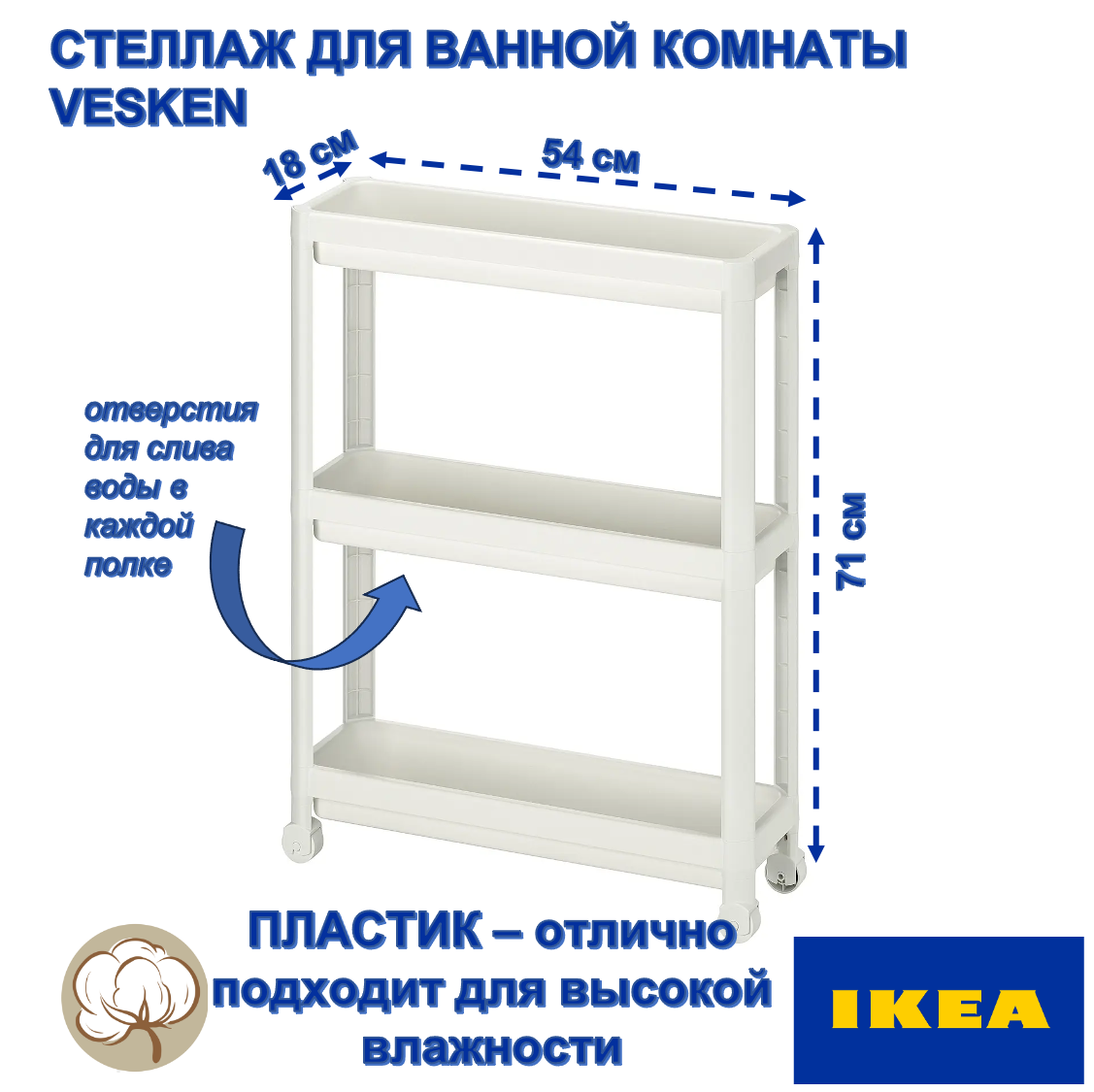Стеллаж для ванной комнаты IKEA VESKEN на колесиках, белый, пластик
