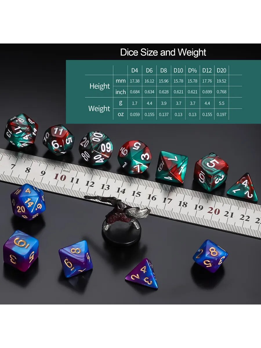 D&D Кости игральные, дайсы, кубики для DND (ДнД) Набор из 6 цветов +мешочек, для настольныхигр/RPG/Pathfinder — фото 1