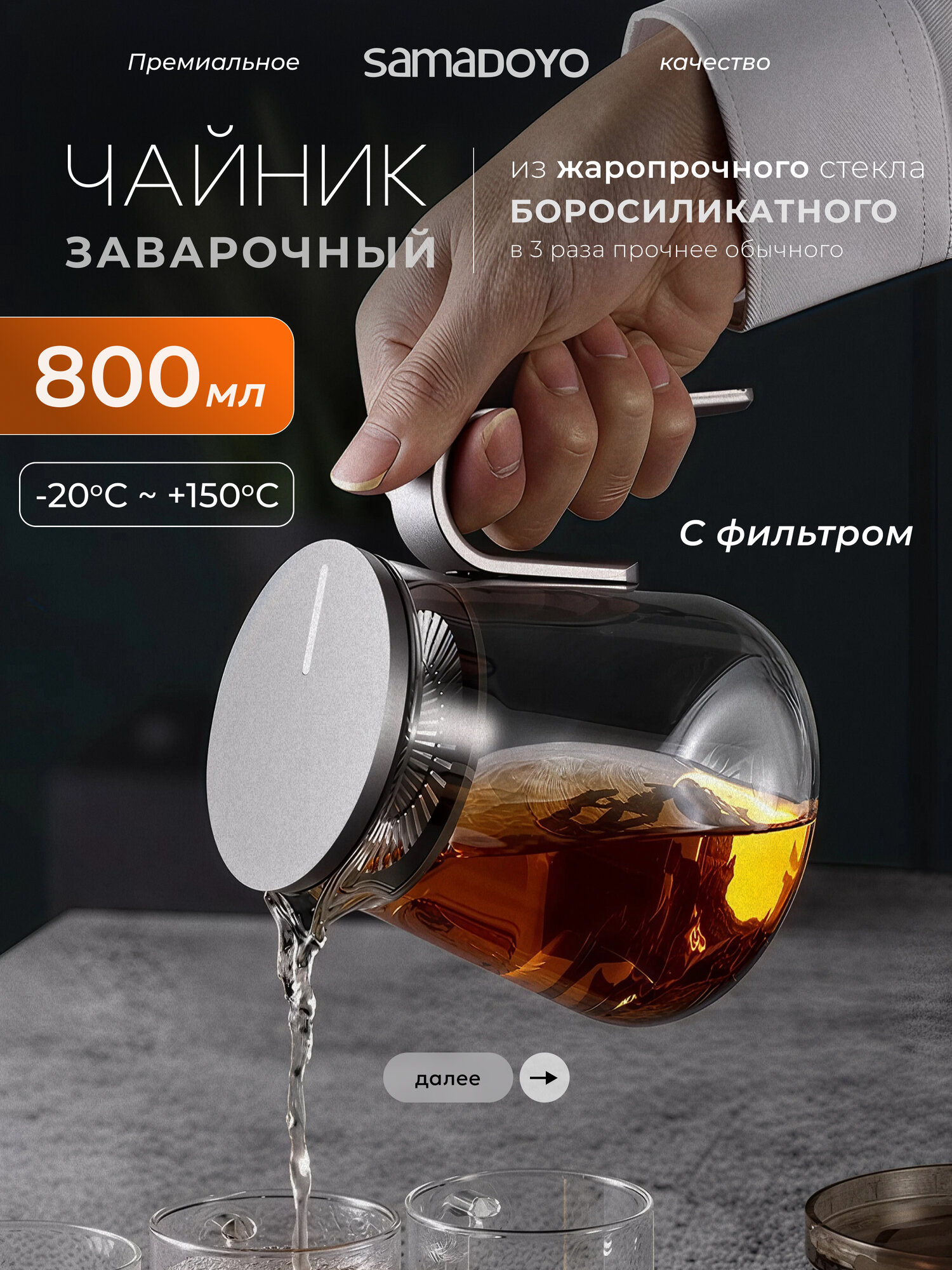 Стеклянный заварочный чайник с фильтром-крышкой SAMADOYO LV-02B 800 мл