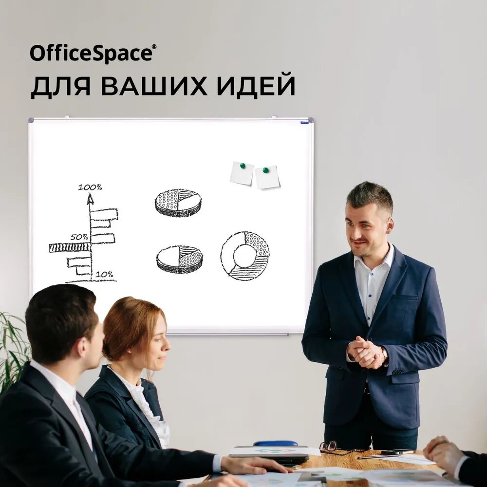 Доска магнитная маркерная для заметок OfficeSpace, 90*120 см, настенная, алюминиевая рамка, полочка — фото 1