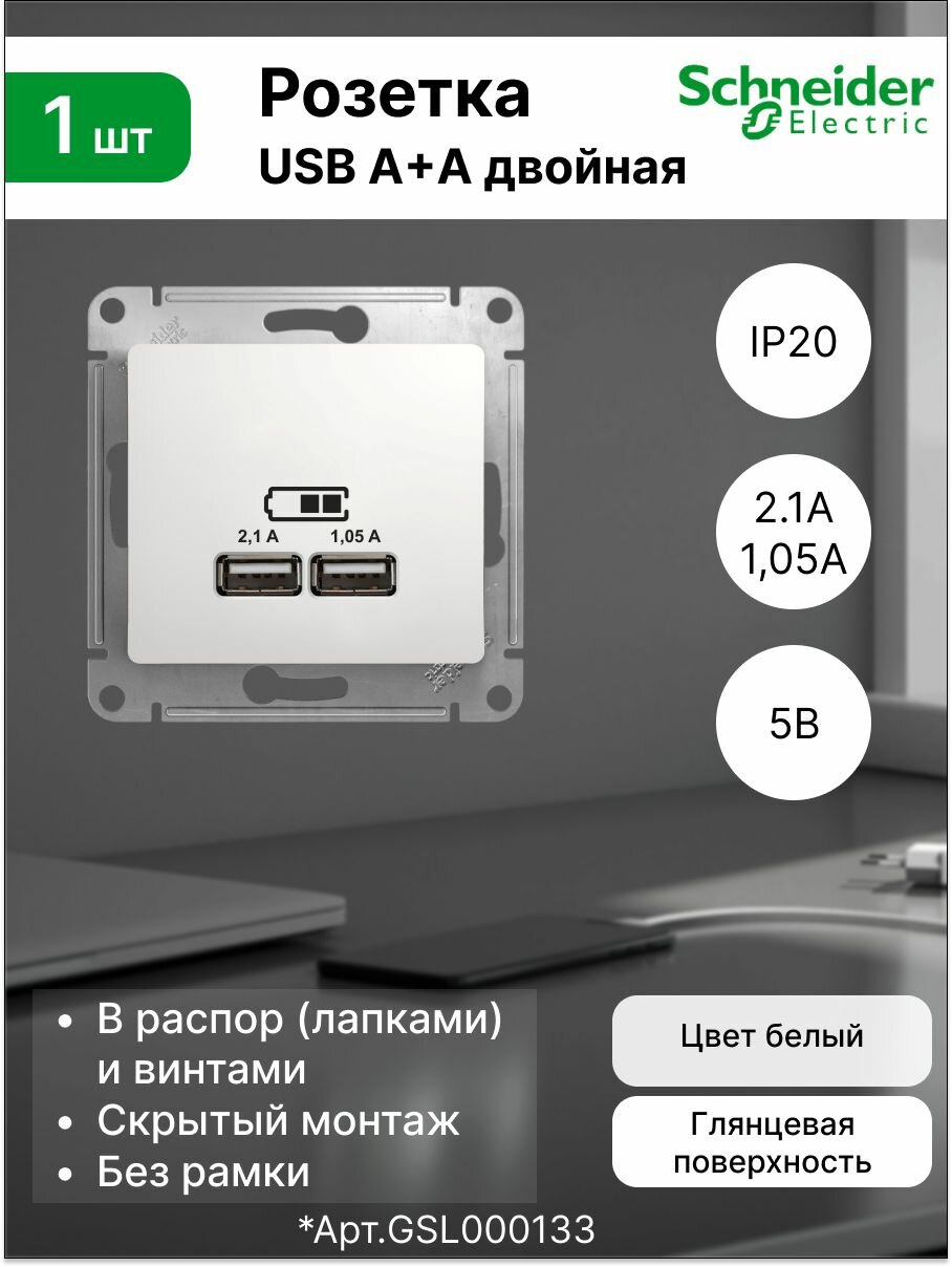 Розетка USB двойная белая Schneider Electric Glossa