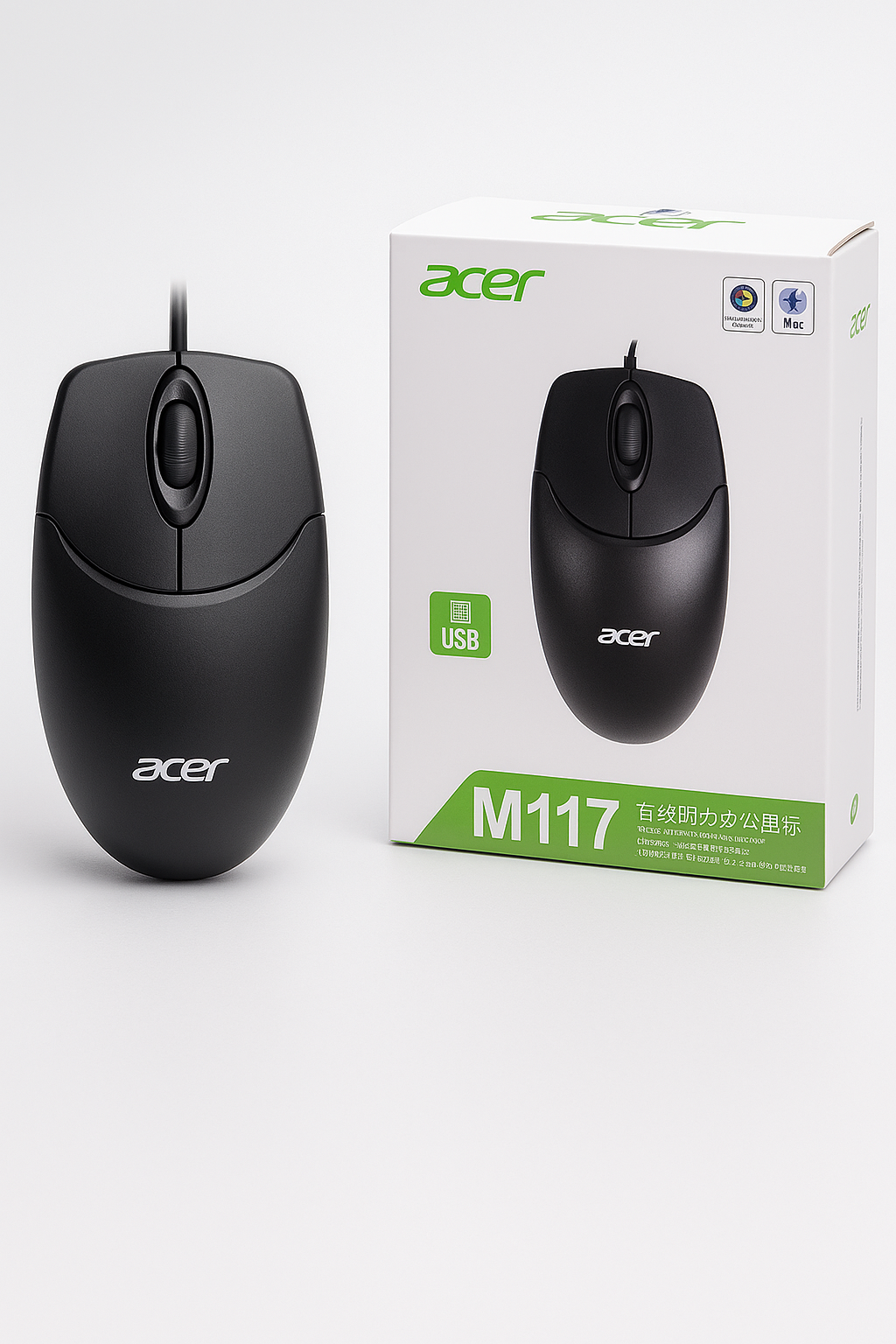 Мышка бесшумная оптическая USB проводная ACER M117, Черный