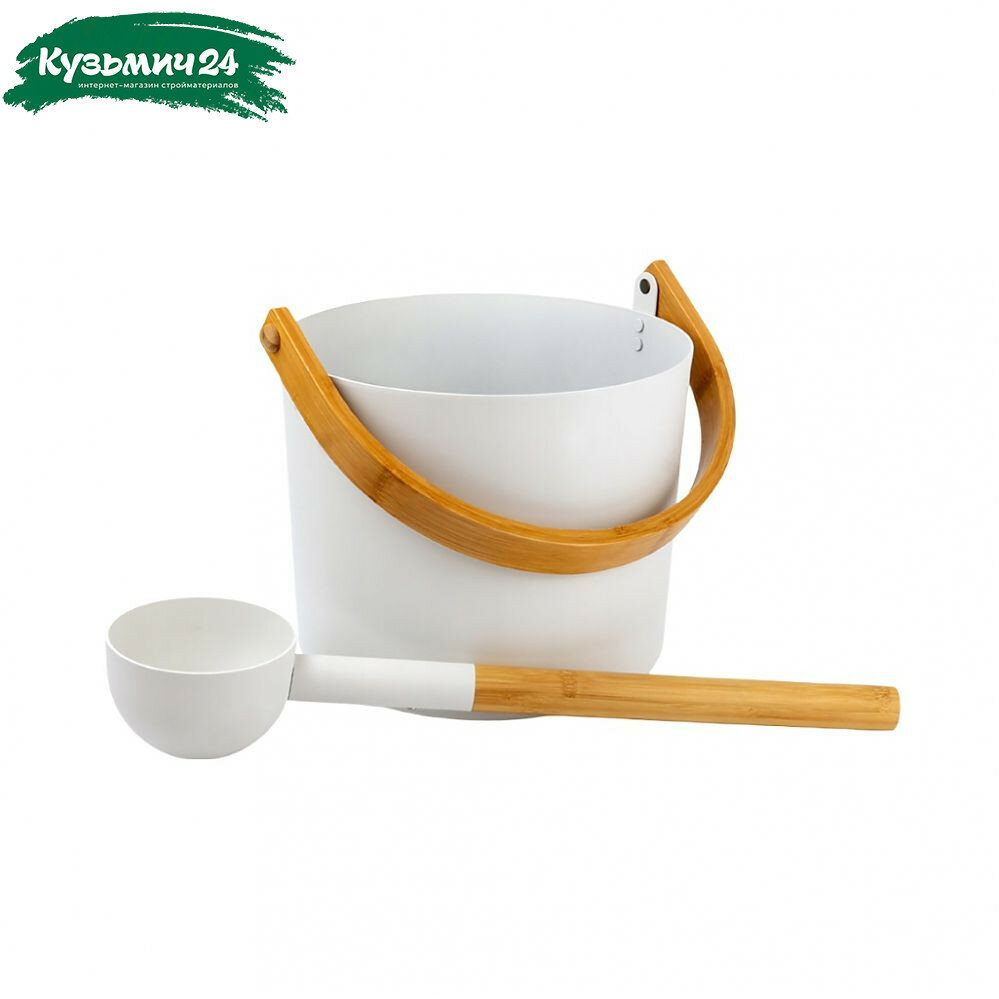 Набор аксессуаров для бани 212F Simple White  шайка 5 л и черпак 0 2 л  алюминий  ручки бамбук