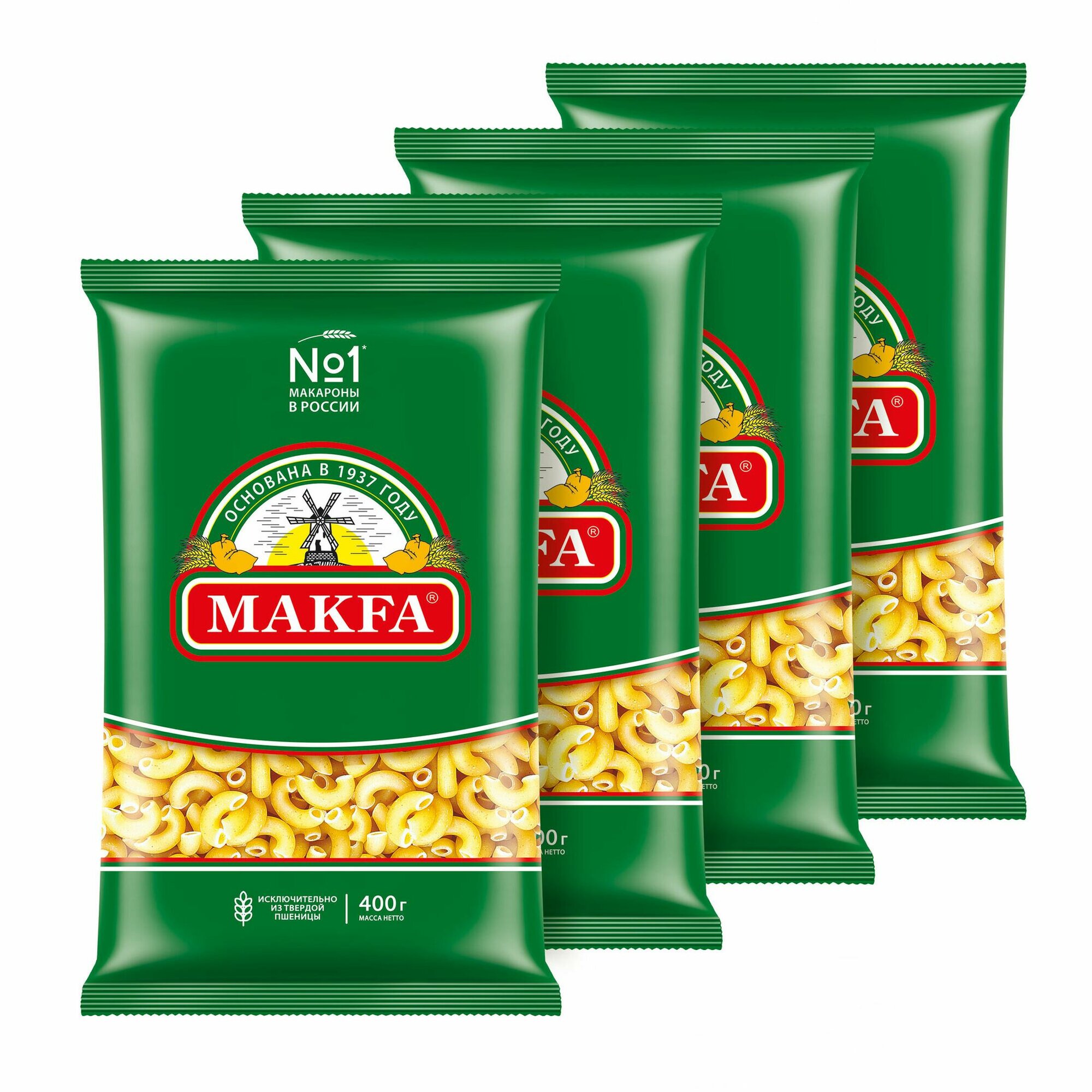 Макароны гладкие, рожки, 400 г, 4 шт.