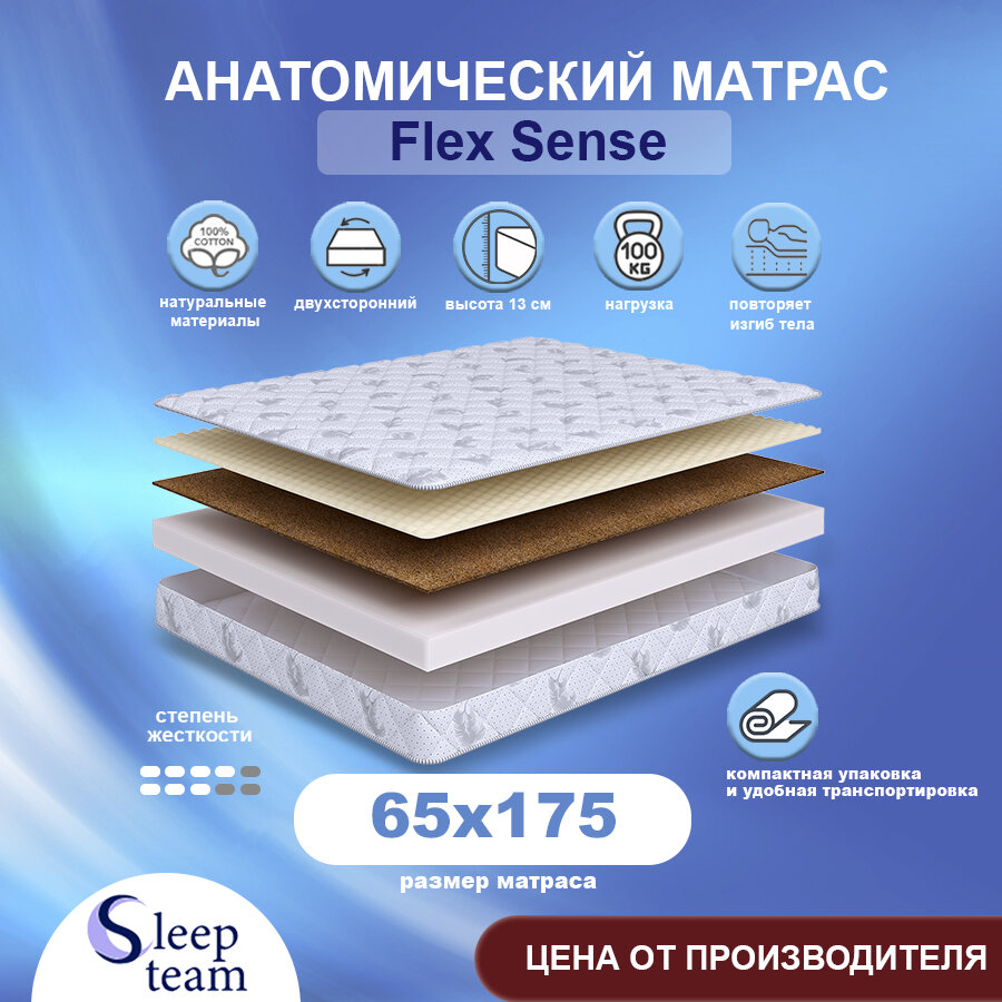 Матрас детский SleepTeam Flex Sense 65х175, высота 13 см, беспружинный с массажным эффектом, односпальный