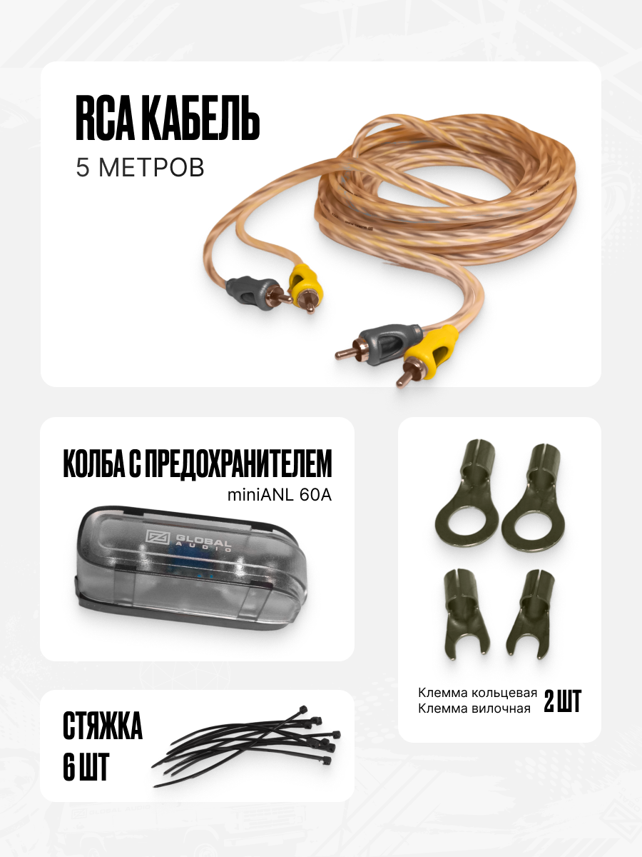 Набор для подключения сабвуфера и усилителя в машину Global Audio SW-28 /комплект кабелей для автомобильной акустики — фото 1