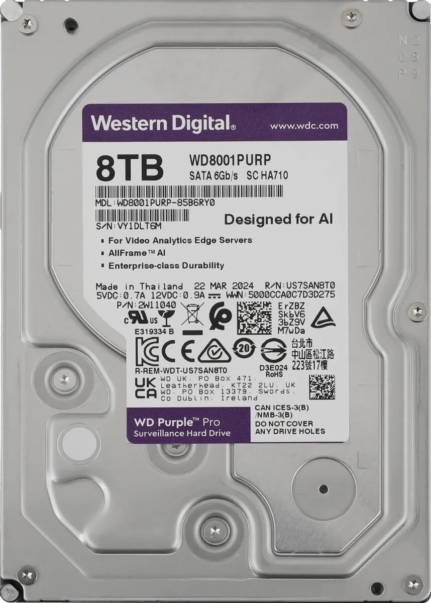 Жесткий диск WD Purple Pro WD8001PURP, 8ТБ, HDD, SATA III, 3.5"