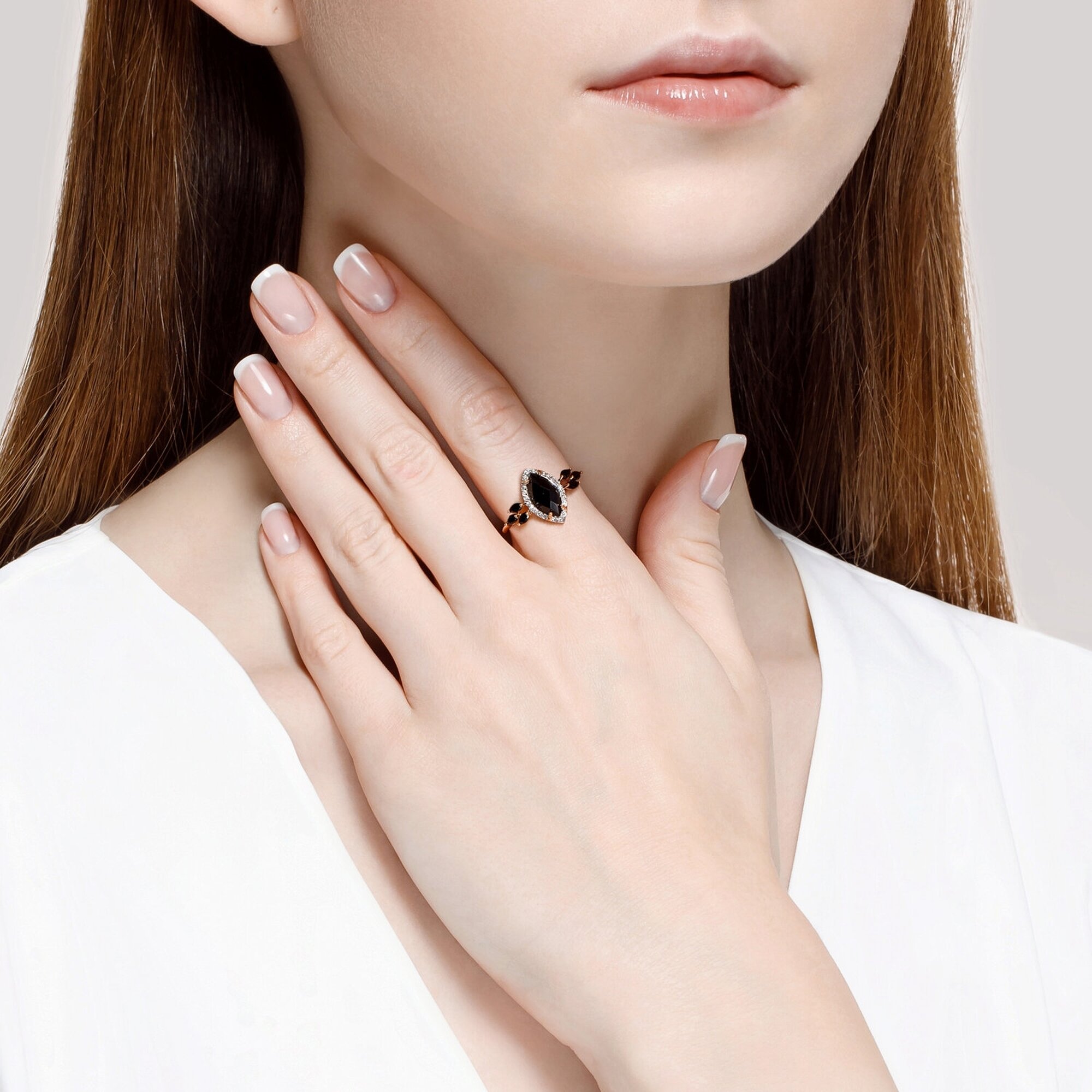 Кольцо Diamant online, красное золото, 585 проба, агат, шпинель, фианит, размер 18, черный — фото 1
