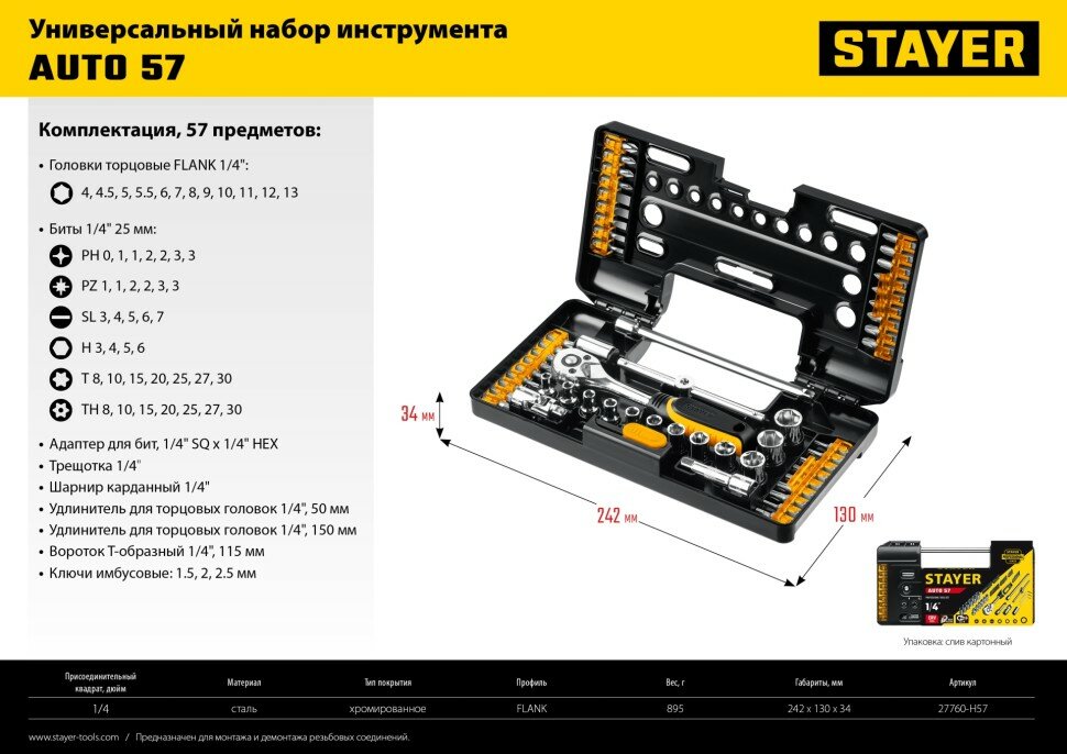 STAYER Auto 57 57 предм, Универсальный набор инструмента (27760-H57)