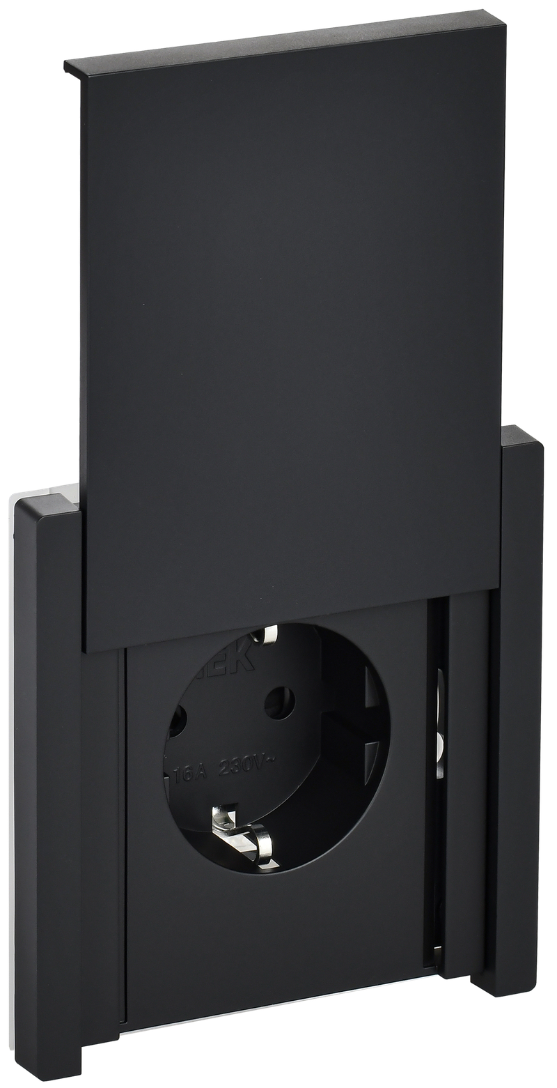 Розетка силовая штепсельная IEK / ИЭК FORTE&PIANO FP119 одноместная 16А 250В IP44 черный с заземлением защитными шторками и крышкой безвинтовое крепление FP-R16-16-1-44-K02
