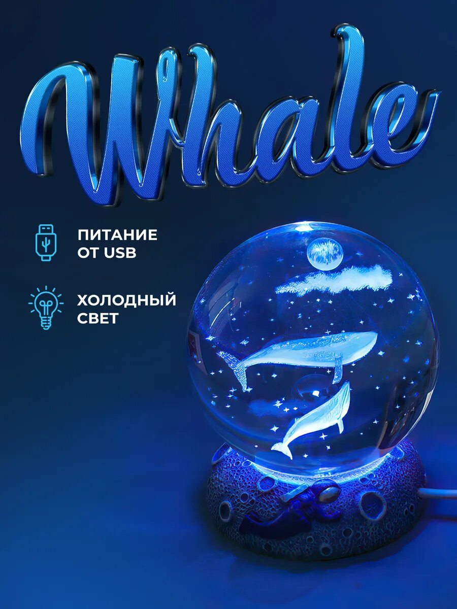 Прикроватный ночник-светильник хрустальный шар Whale с голубой подсветкой 8 см