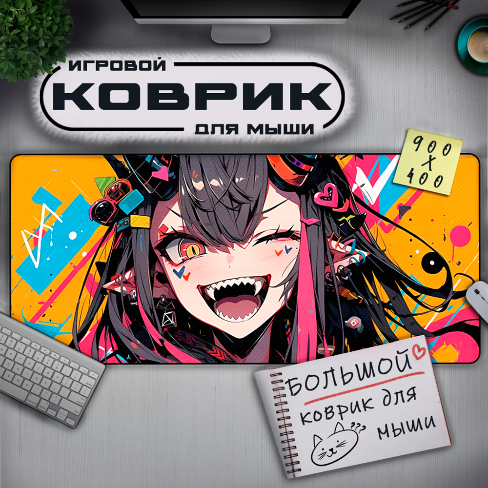Игровой коврик для мыши "Demon Girl", аниме, прошитые края, ткань/каучук, размер XL, 90 см x 40 см