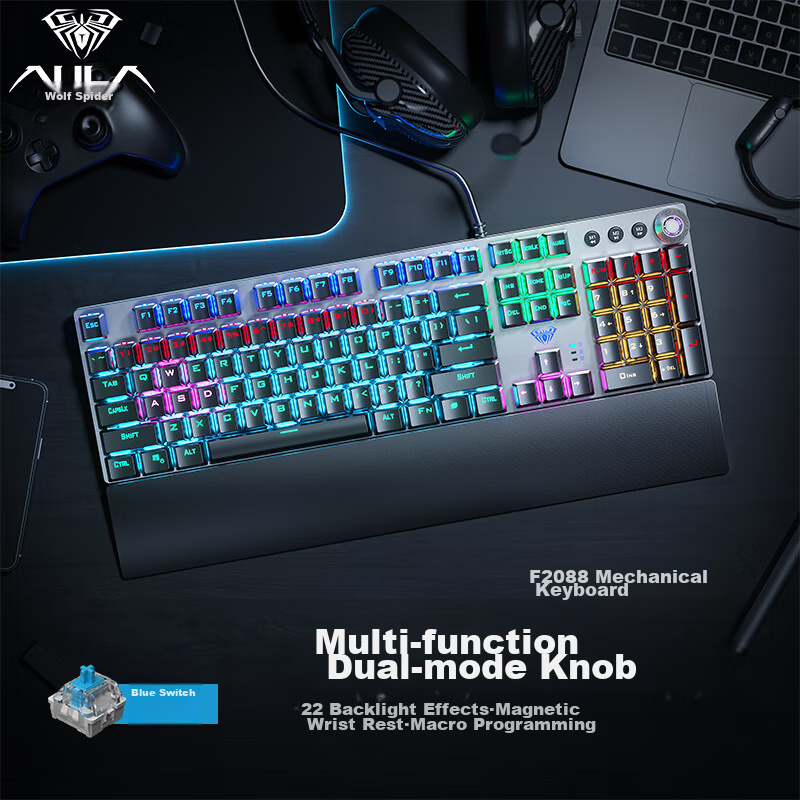 AULA F2088 Mechanical Keyboard, Wired Gaming Keyboard, Multifunctional Knob, 104-Key RGB Backlit Keyboard, Macro Programming, Computer Keyboard, Blue Switch, Elite Edition
