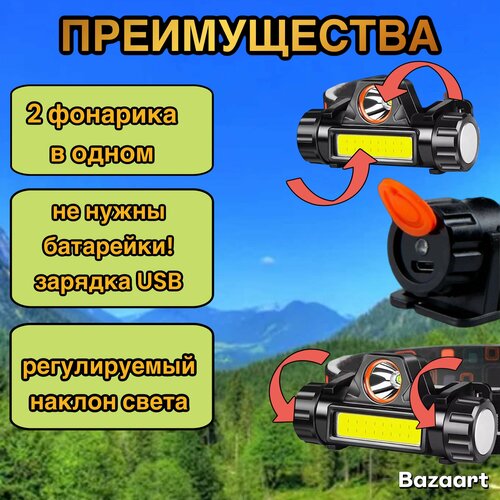 Налобный фонарь, магнитное крепление, черный, usb-зарядка, белый свет