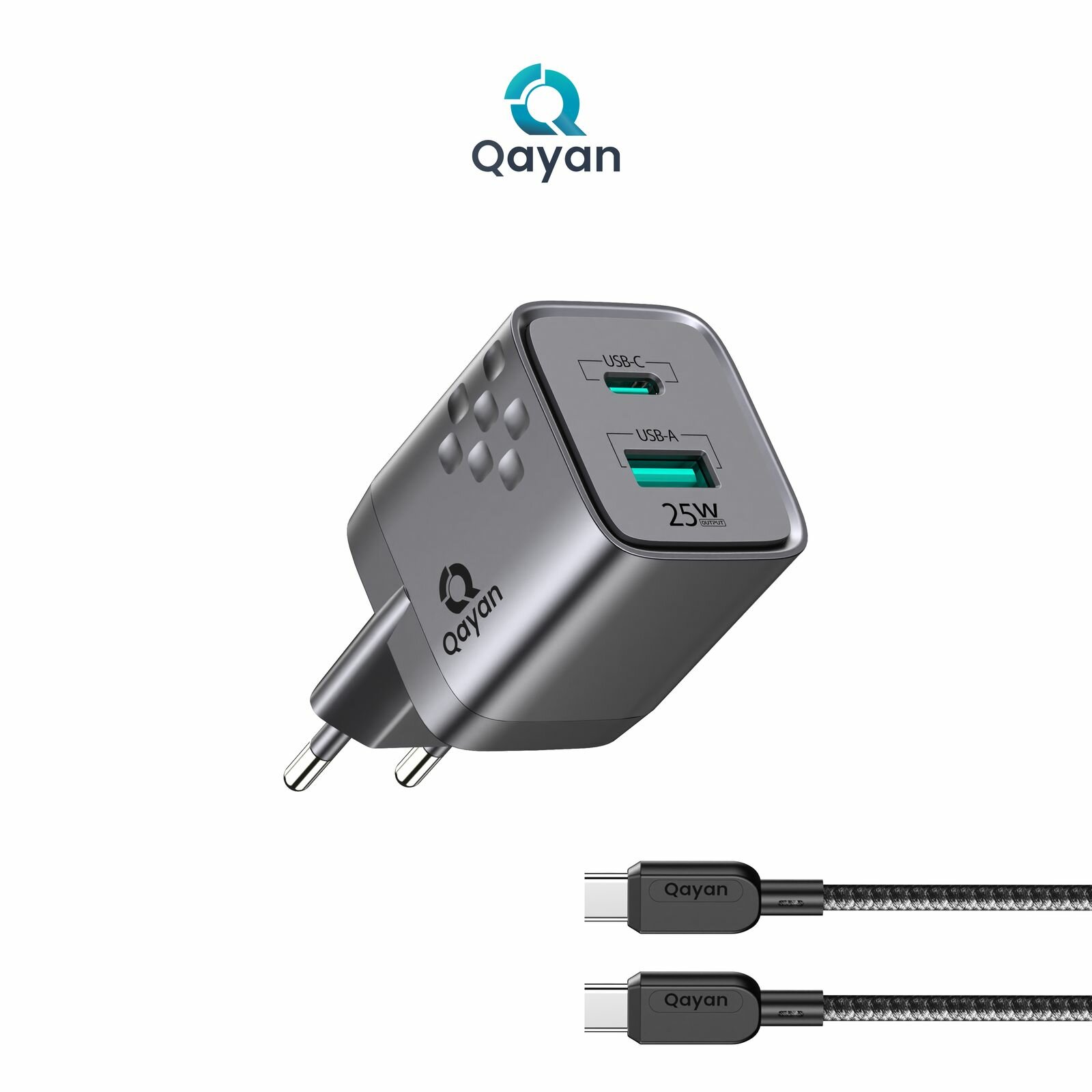 Зарядное устройство 25W для iPhone и Android / Зарядка / Блок питания 2х слота type C / Адаптер 25Вт / Серый