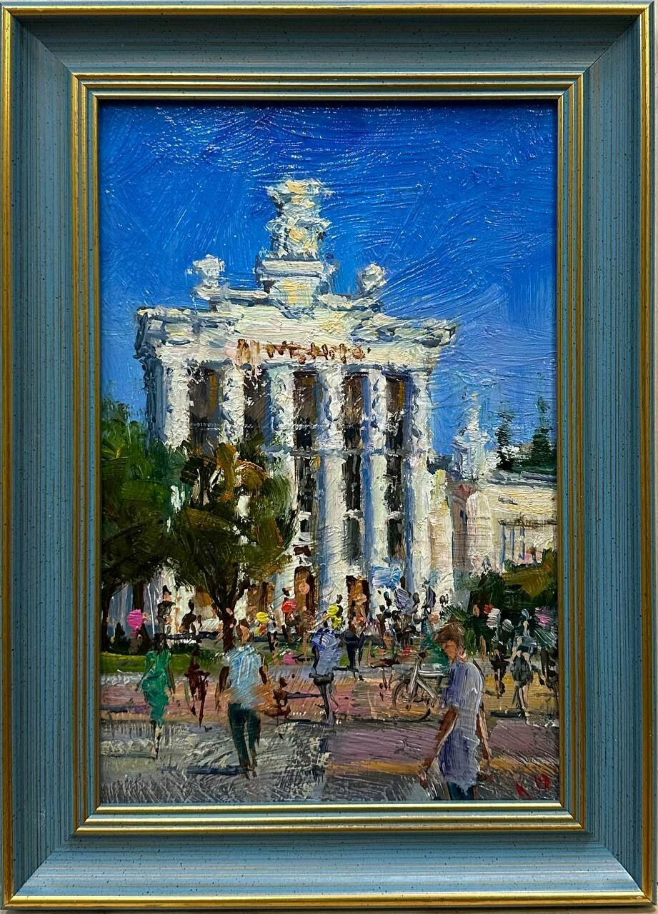 Картина маслом на мдф, скульптуры, флаги, городской пейзаж "ВДНХ"