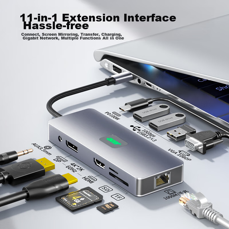 Acer Type-C Expansion Dock, USB-C to DP/HDMI/VGA Converter, 4K 60Hz Triple-Screen Display Mirroring, Gigabit Ethernet Port, Expansion Dock Suitable for Apple And Huawei Laptops