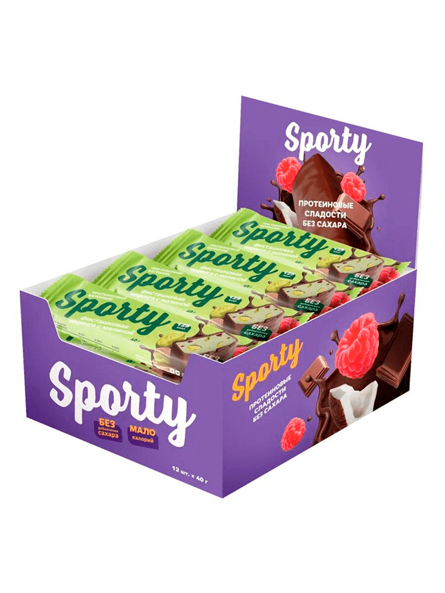 Протеиновый батончик глазированный без сахара, Фисташковая меренга с малиной, 12шт*40г, SPORTY