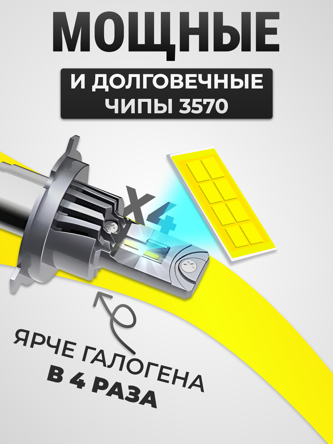 Светодиодные лампы H4, LED, мощность 70 Вт, холодный белый свет, 2 шт — фото 1