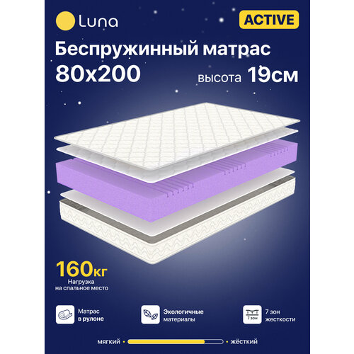 фото Ортопедический матрас luna active 80х200 см беспружинный, двухсторонний, гипоаллергенный, анатомический, высота 19 см
