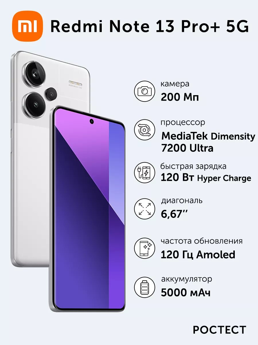 Смартфон Xiaomi Redmi Note 13 Pro+ RU 5G 12+512 N16U/Moonlight White/6.67" AMOLED/MTK7200U/And13/200+8+2MP/16M
