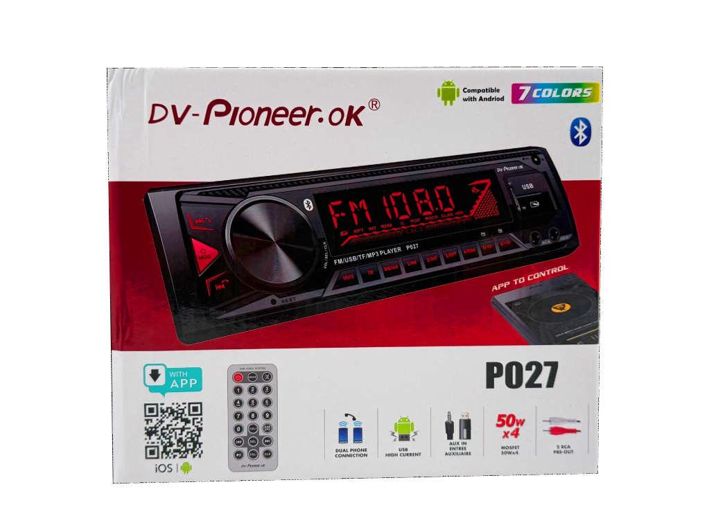 Автомобильная магнитола DV-Pioneer. OK P027 Bluetooth, евроразъём, 7 цветов подсветки экрана