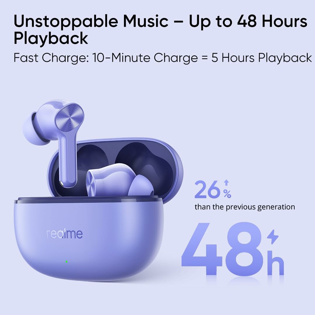Наушники беспроводные с микрофоном realme Buds T200 Lite Aurora Purple, Bluetooth 5.4, USB Type-C, фиолетовый — фото 1