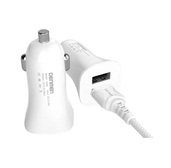 Автомобильное зарядное устройство 2в1 Denmen DZ06T, Type-C, 3.1А, 2 USB, 5V, 1.0 м, белый, фирменная упаковка