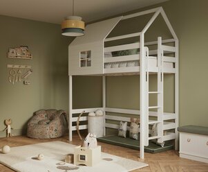 Кровать домик-чердак 200*90 торцевая лестница, увеличенное подвкроватное пространство 150 см/имитация окна и крыши